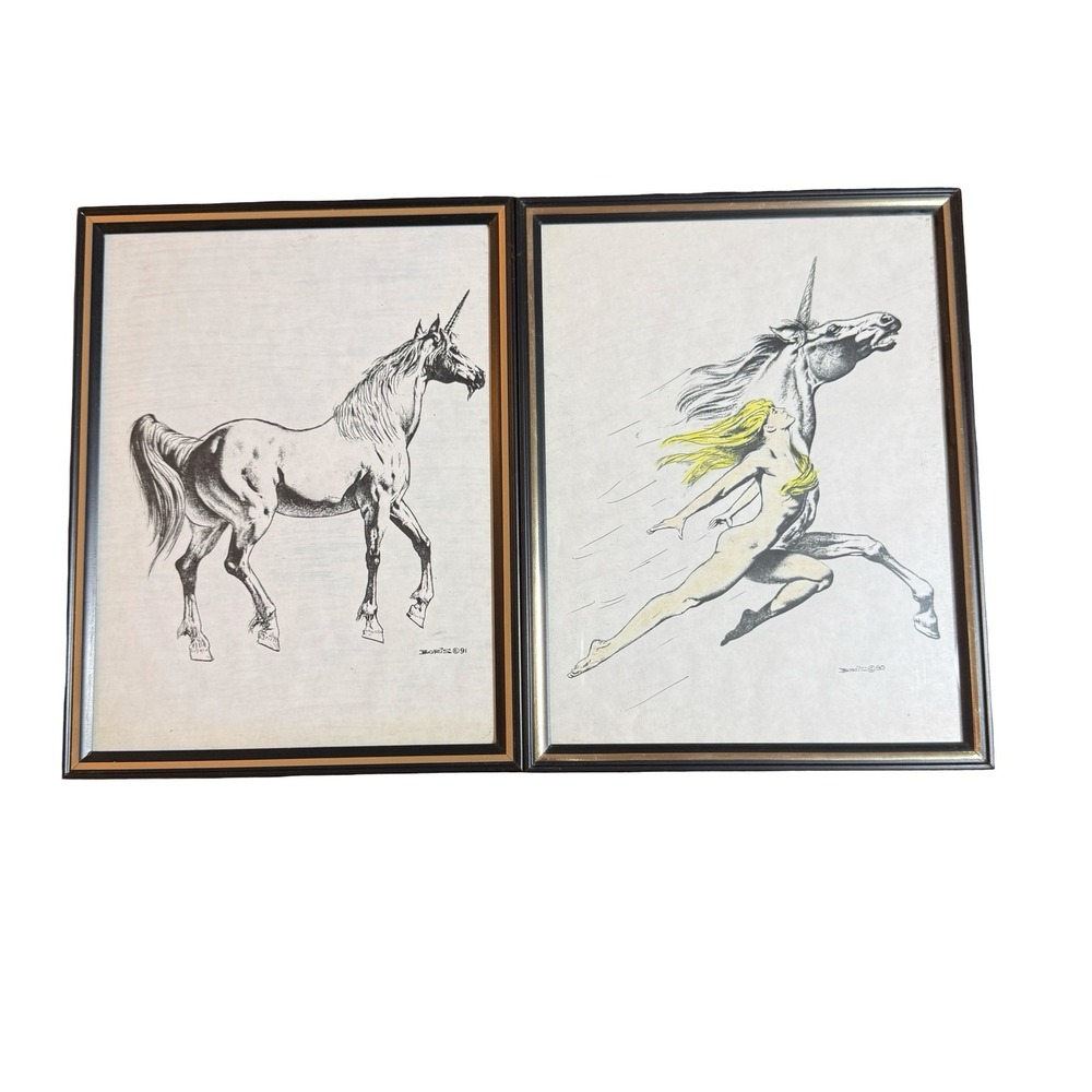 Vintage Boris Vallejo Framed Unicorn Fantasy Art Prints Set 2‎ 1990s 8x10 Paper
